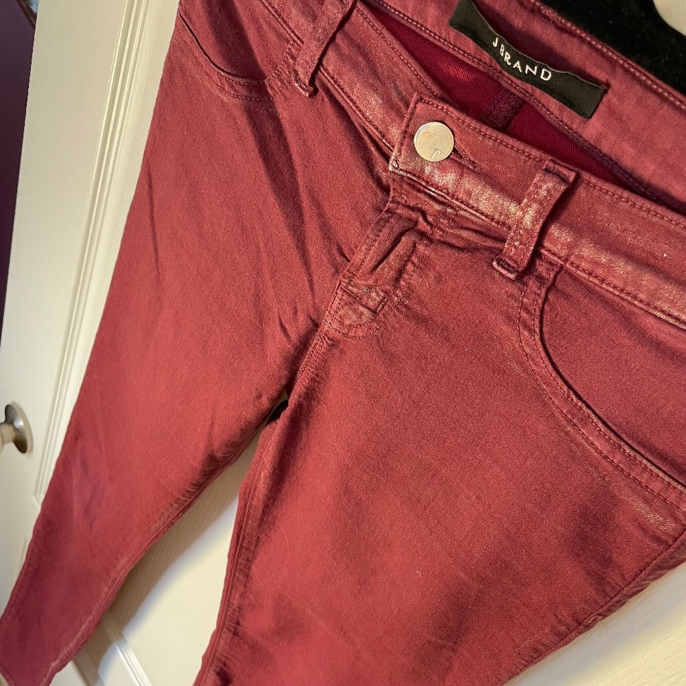 J Brand Burgundy jeans with silver dusting in seams.